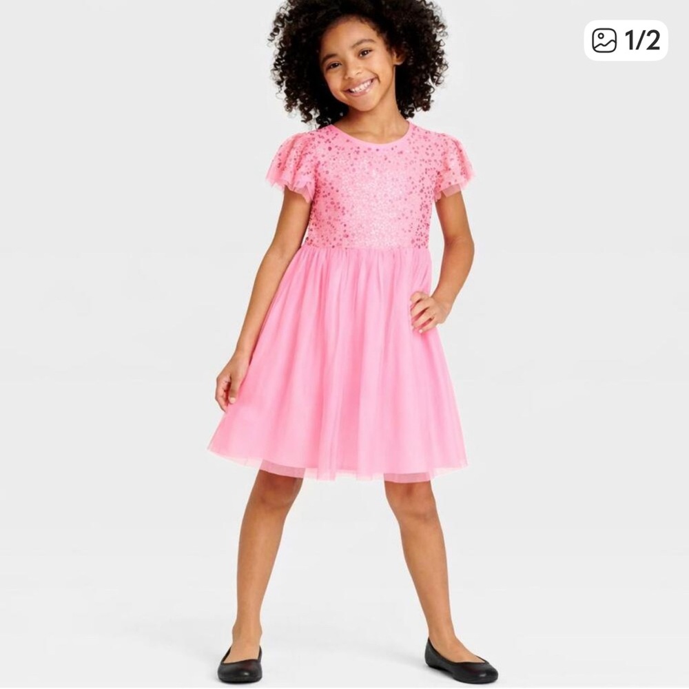 New Cat & Jack Girls Medium (8) Cap Sleeve Sequined Dress
